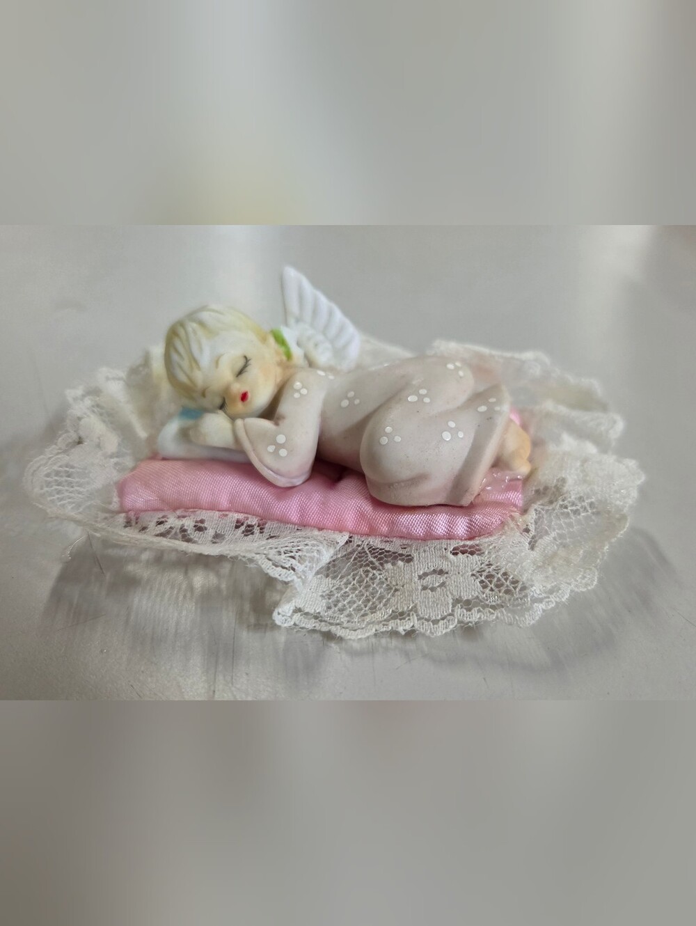 Vintage Porcelain Sleeping Angel Figurine on Pink Satin Lace Pillow Coquette